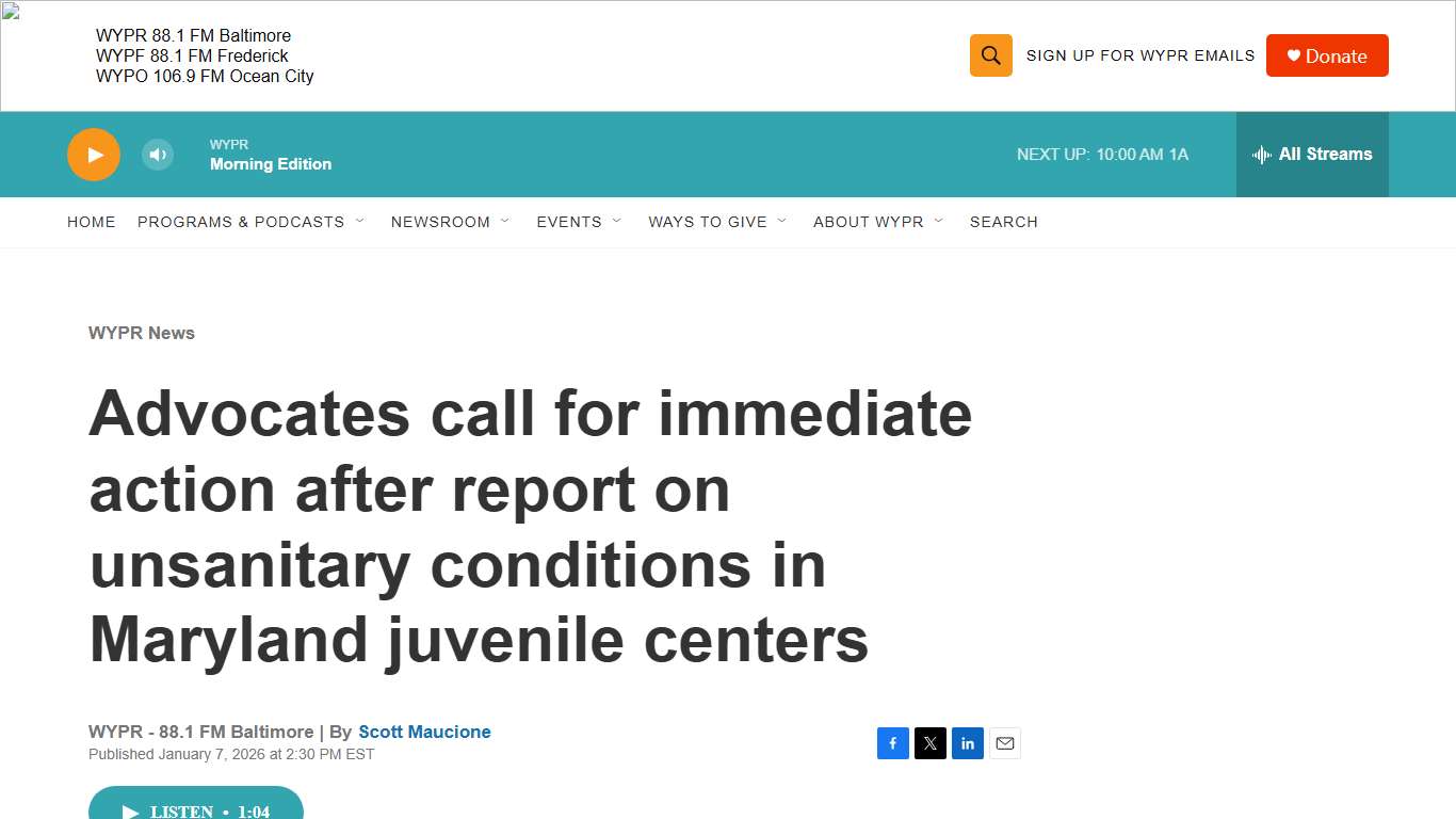 Advocates call for immediate action after report on unsanitary conditions in Maryland juvenile centers WYPR